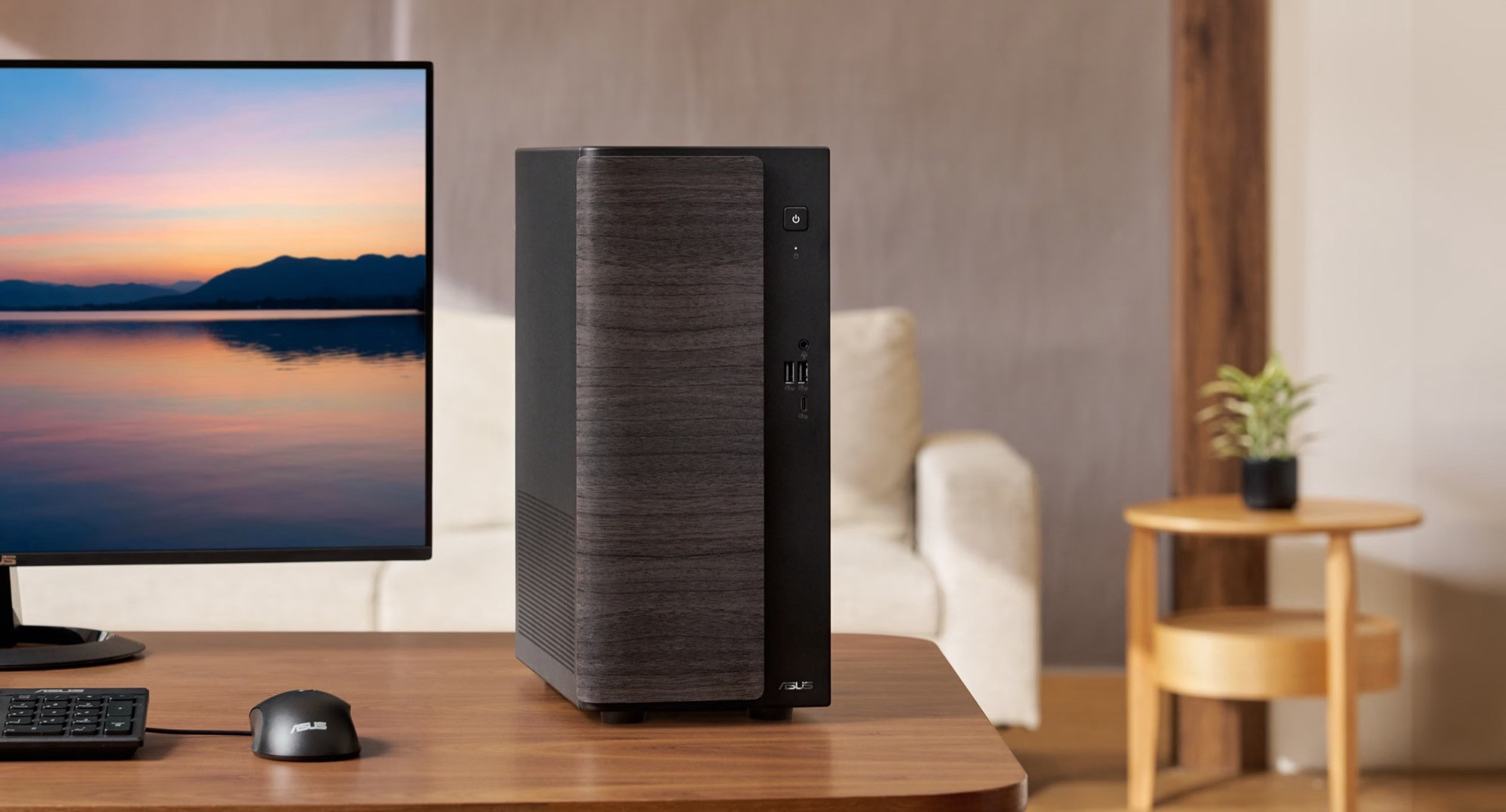 Góc nhìn nghiêng của Asus V500 Mini Tower phiên bản màu trắng.