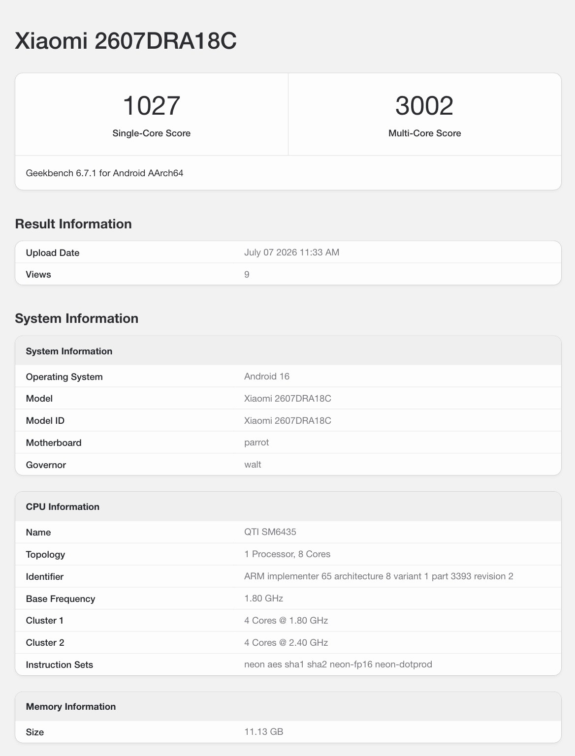Danh sách Geekbench của Xiaomi Redmi Note 17 cho thấy máy dùng chip Snapdragon 6s Gen 4 và RAM 12GB.