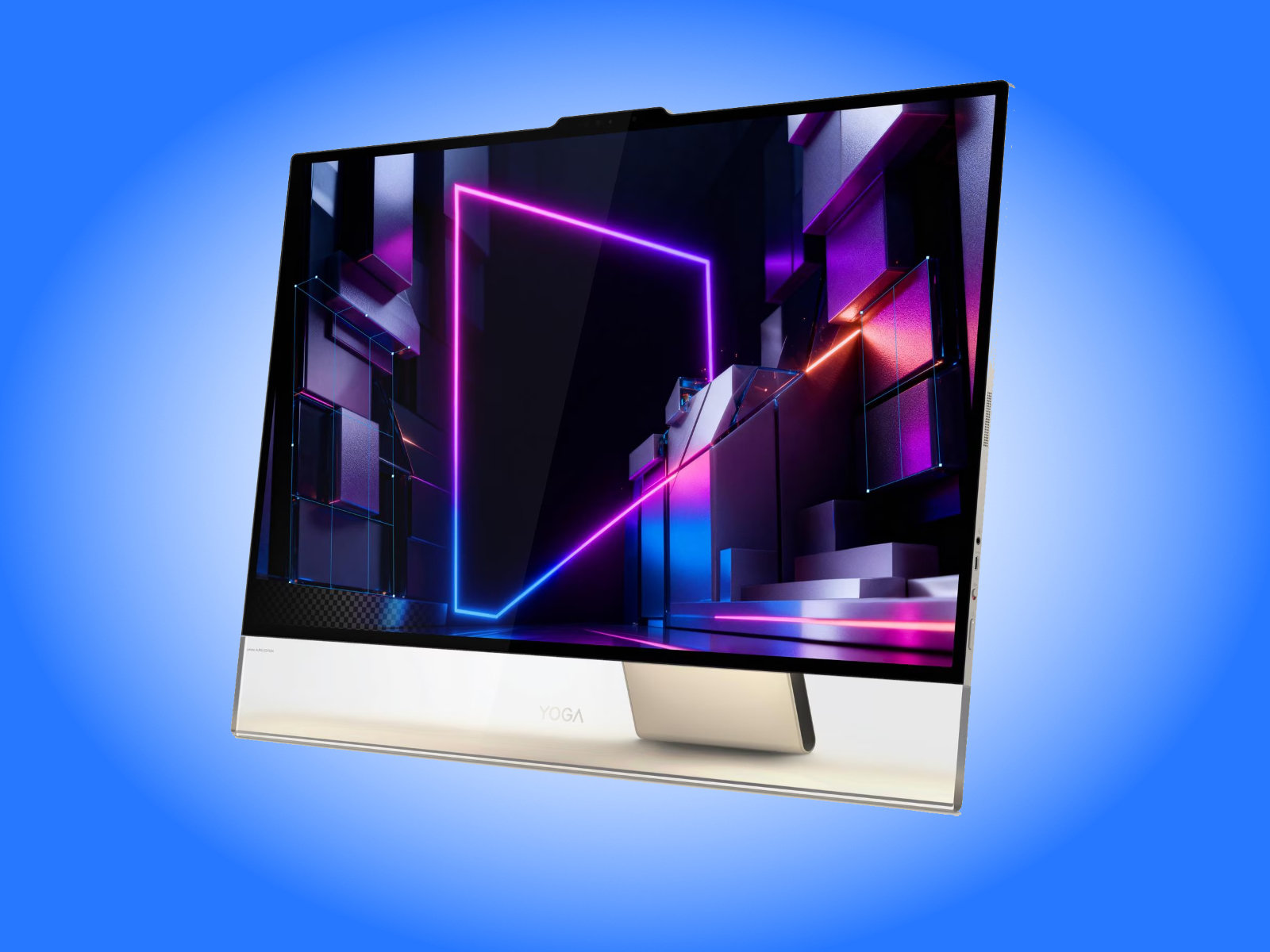 Lenovo Yoga AIO i Aura Edition với thiết kế chân đế cố định và kiểu dáng độc đáo.