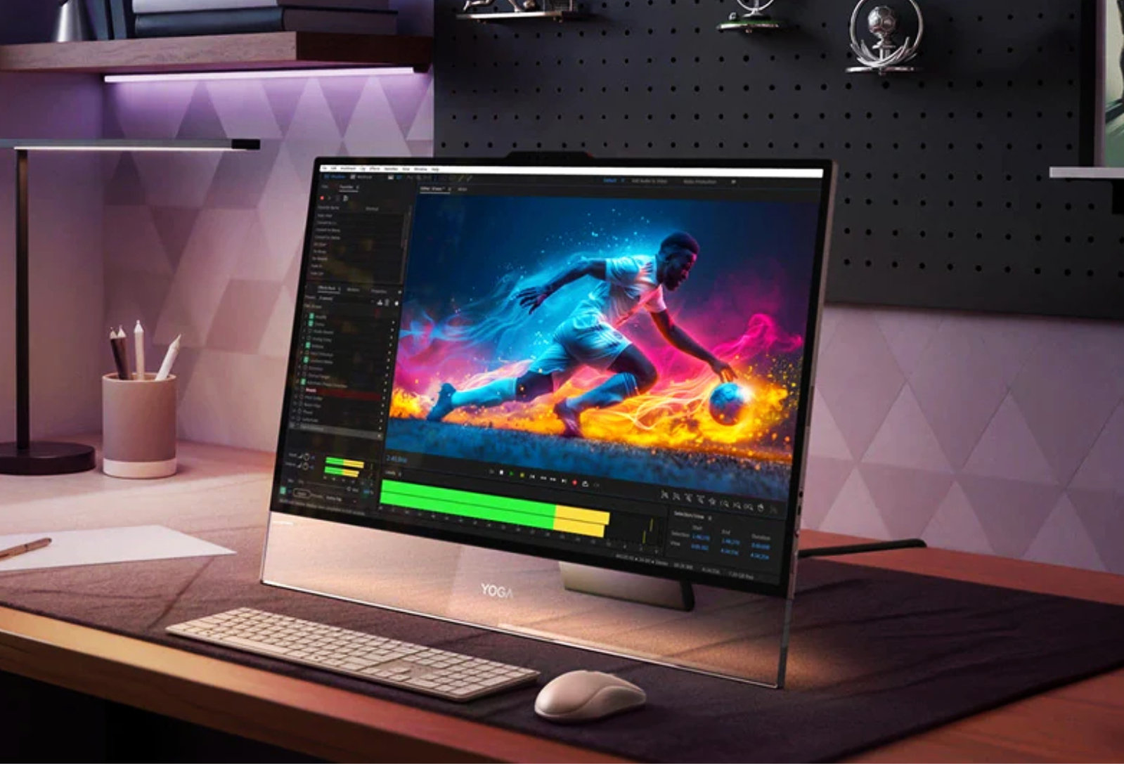 Cận cảnh chi tiết thiết kế phần dưới của Lenovo Yoga AIO i Aura Edition.