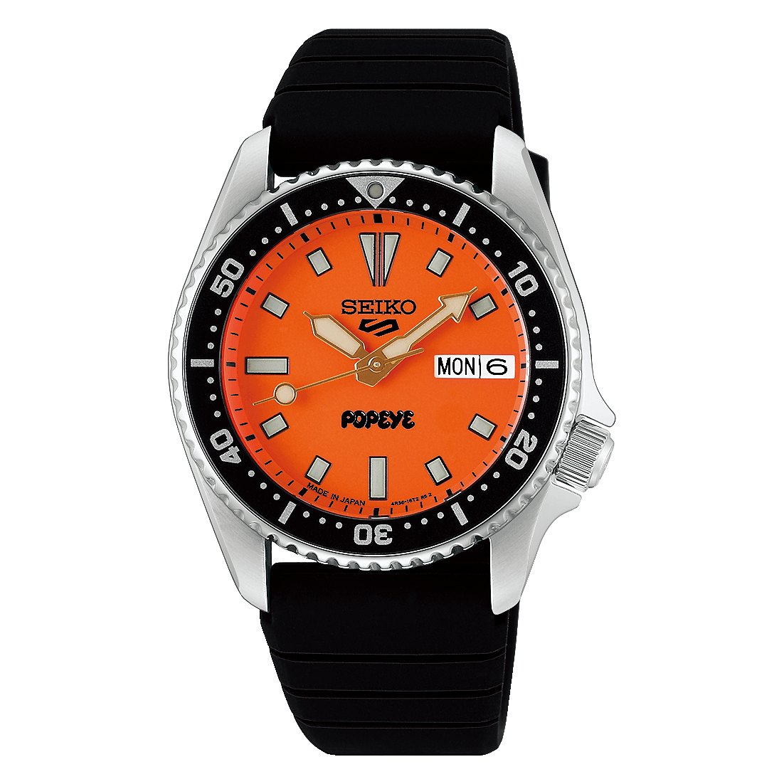 Mặt trước của Seiko 5 Sports x Popeye HDB013 với logo Popeye đặc trưng.