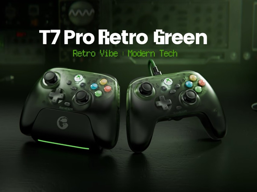 Tay cầm GameSir T7 Pro Retro Green và T7 Pro W Retro Green với thiết kế xanh xuyên thấu