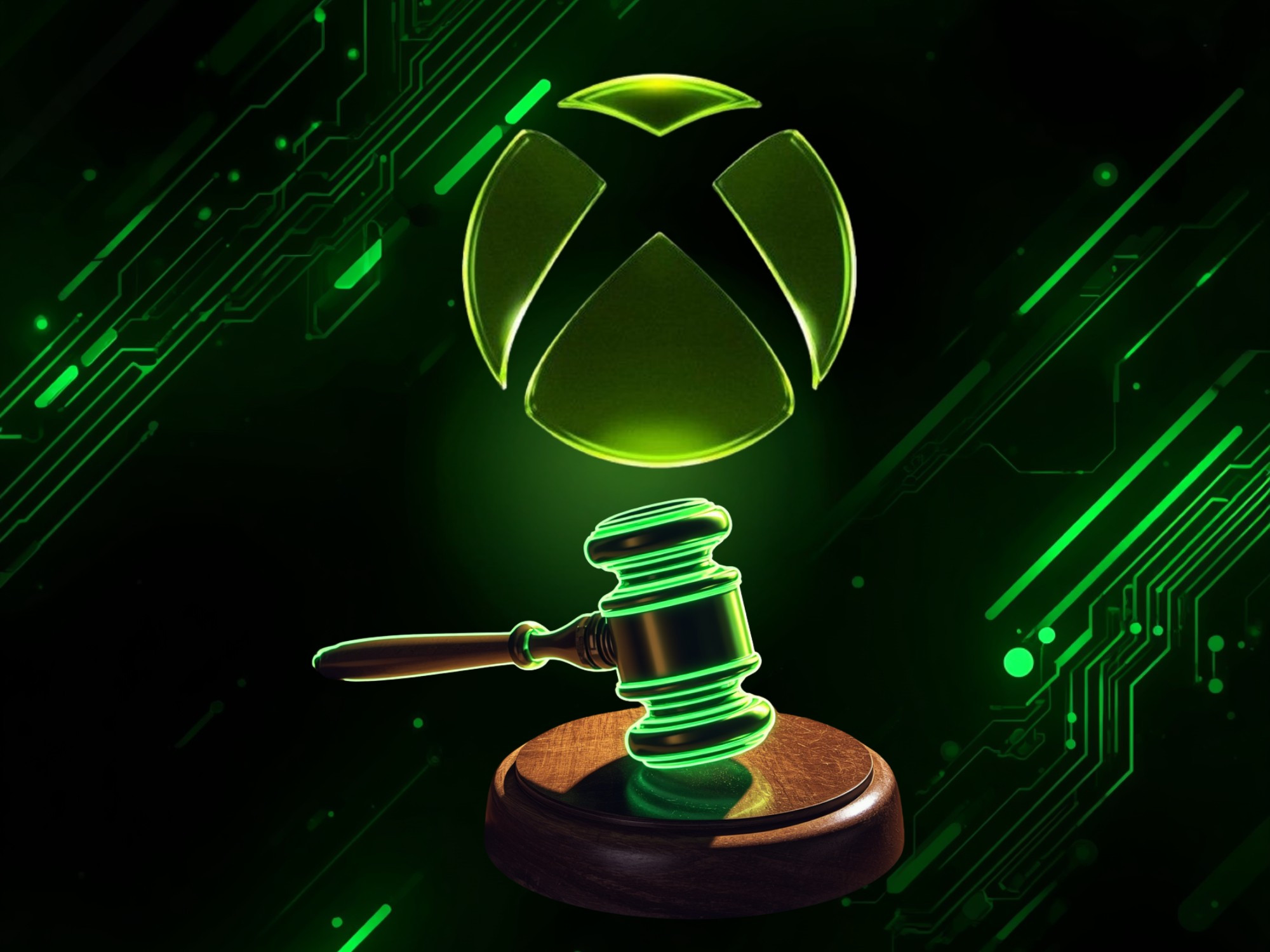 Vụ kiện Microsoft tại Brazil Banner mô tả vụ kiện Xbox với hình ảnh búa tòa án