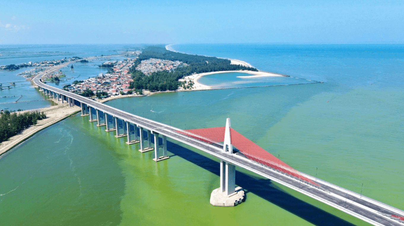 Phối cảnh kiến trúc cầu Thuận An với hệ thống trụ tháp dây văng hình chữ A.