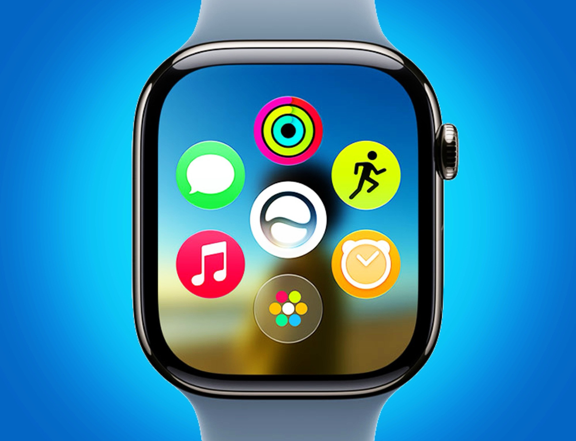 Giao diện màn hình chính mới trên watchOS 27 với Siri AI nằm ở trung tâm.