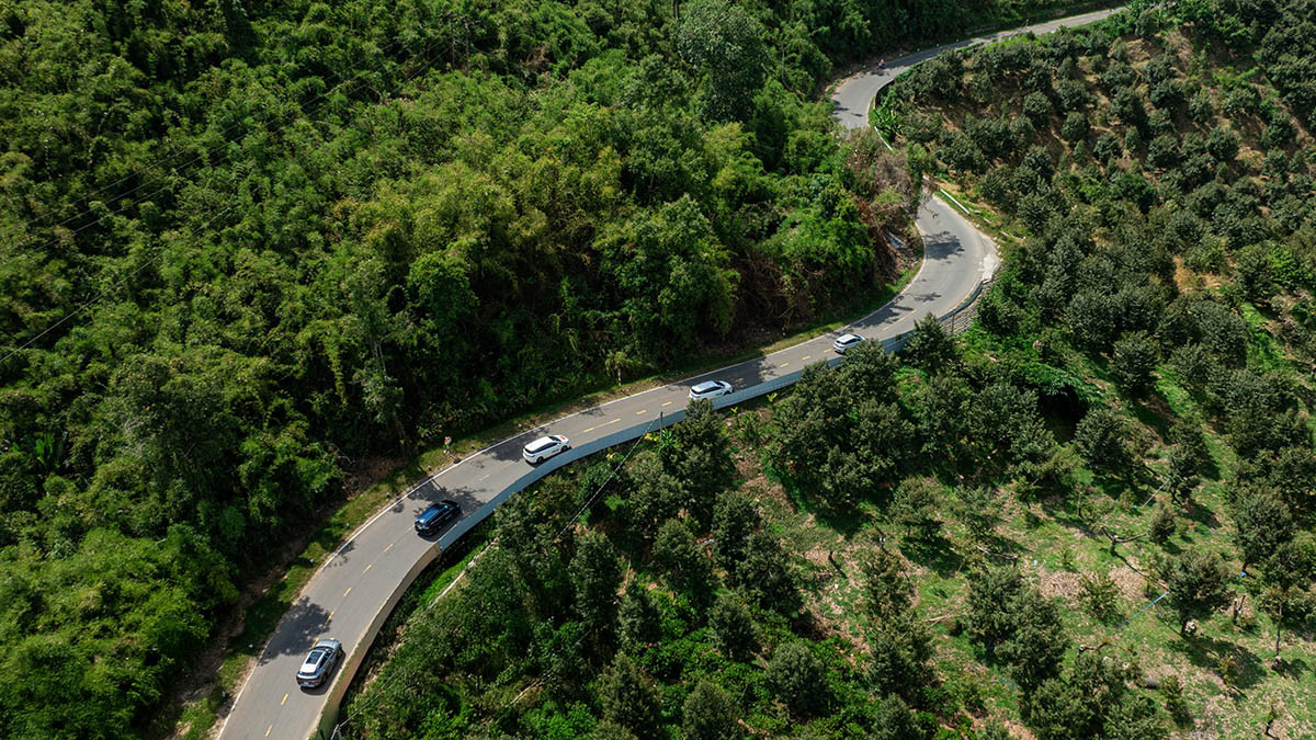 Đoàn xe BYD di chuyển qua những cung đường rừng và núi non hùng vĩ.