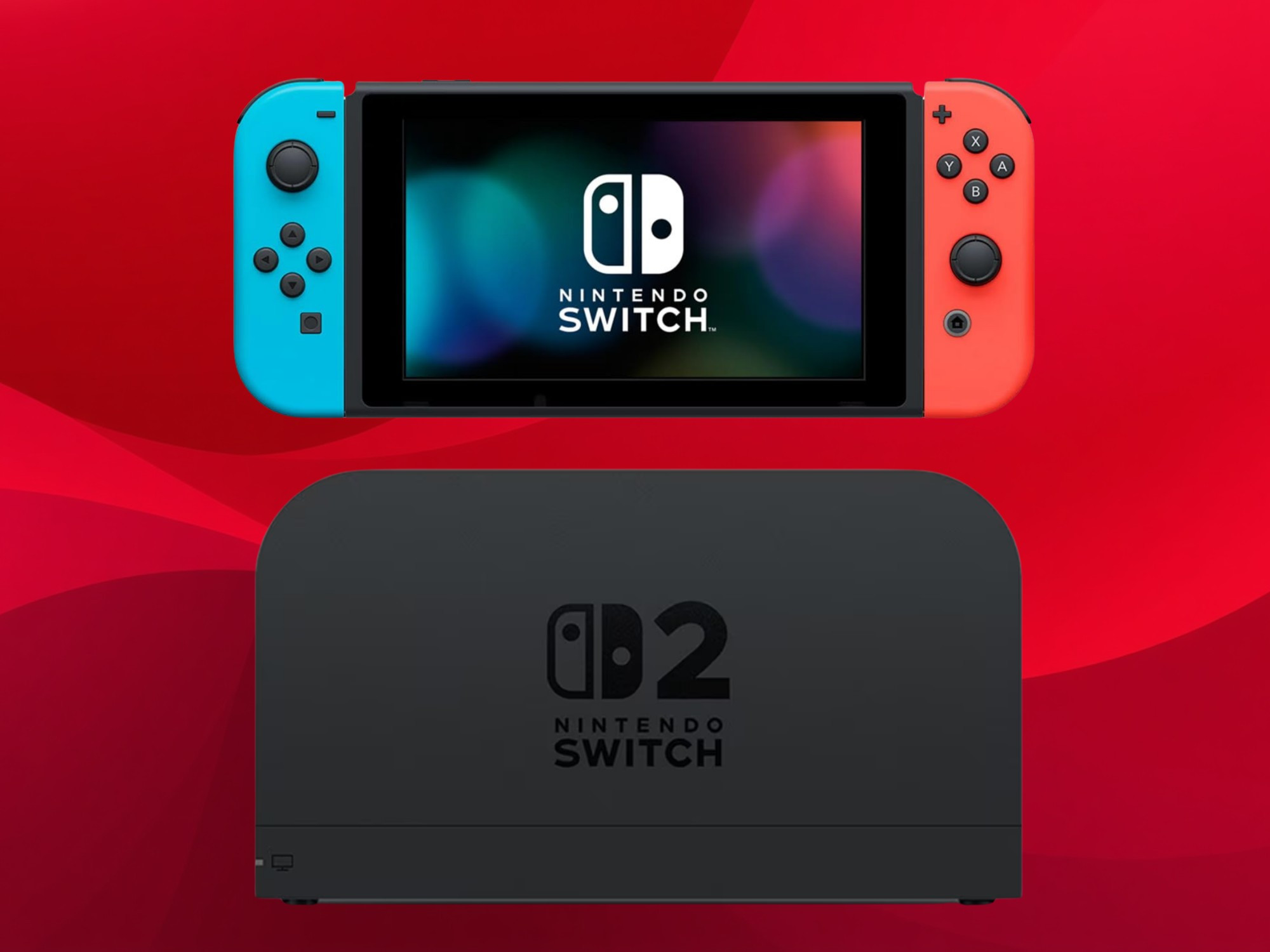 Máy Nintendo Switch đời đầu được đặt phía trên dock sạc của Switch 2