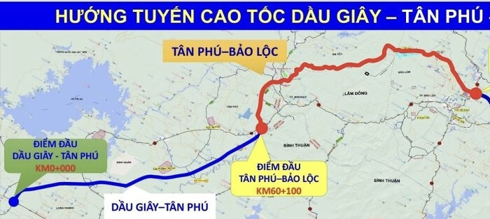Sơ đồ hướng tuyến dự án cao tốc Dầu Giây - Tân Phú kết nối khu vực Đông Nam Bộ và Tây Nguyên.