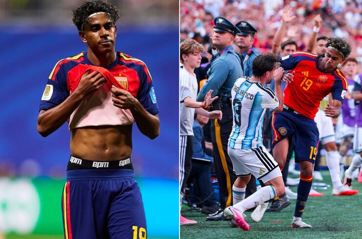 Lamine Yamal vô tình để lộ cạp quần lót mang logo thương hiệu thời trang Đức trong trận chung kết World Cup 2026