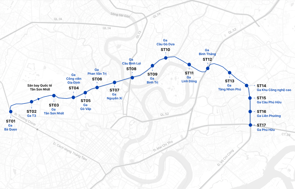 Vị trí 17 nhà ga của tuyến metro số 6