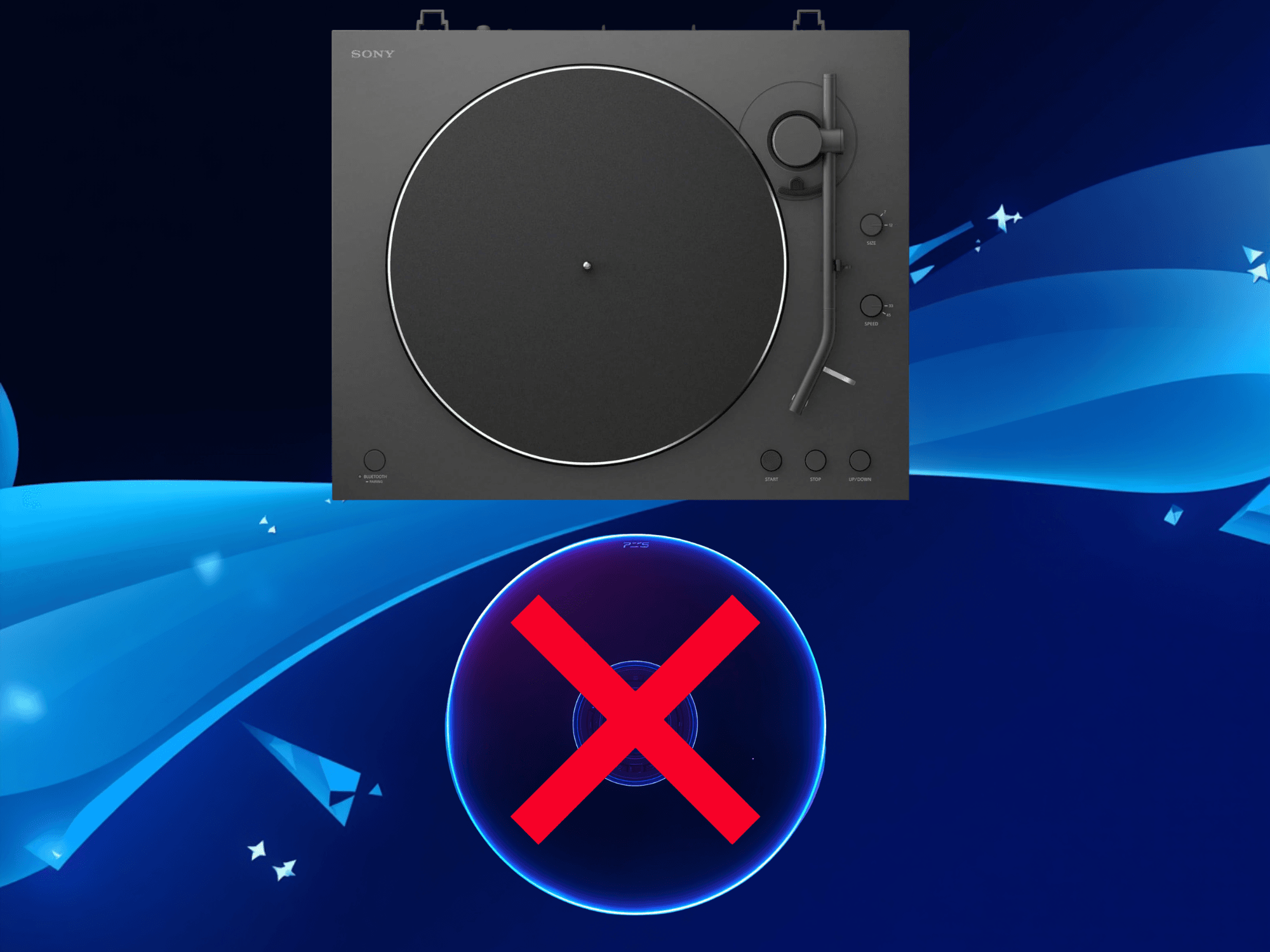 Sony vinyl record player shown above PS5 game disc
