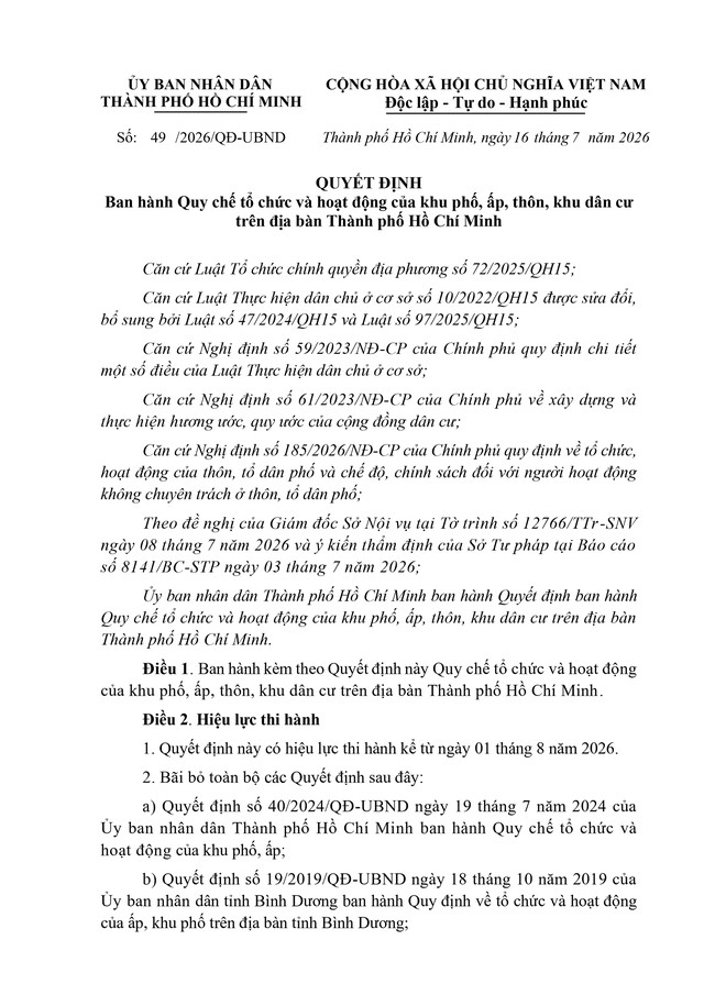 Quy chế tổ chức, hoạt động của khu phố, ấp, thôn, khu dân cư tại TP Hồ Chí Minh - Ảnh 1.