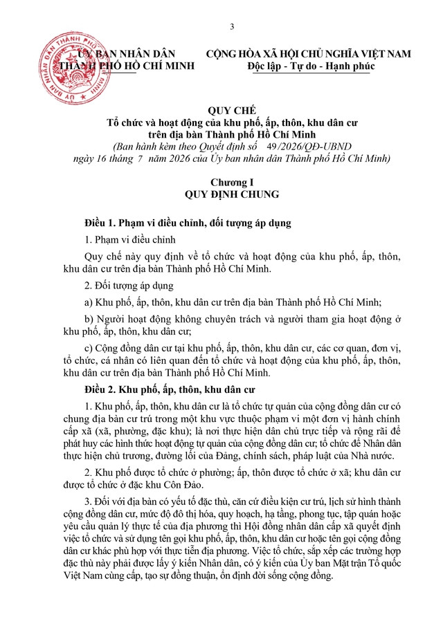 Quy chế tổ chức, hoạt động của khu phố, ấp, thôn, khu dân cư tại TP Hồ Chí Minh - Ảnh 3.