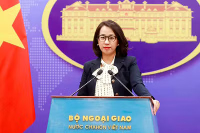 Bà Phạm Thu Hằng trong vai trò Người phát ngôn Bộ Ngoại giao Việt Nam tại một cuộc họp báo thường kỳ của Bộ Ngoại giao Việt Nam. (Ảnh: TTXVN)