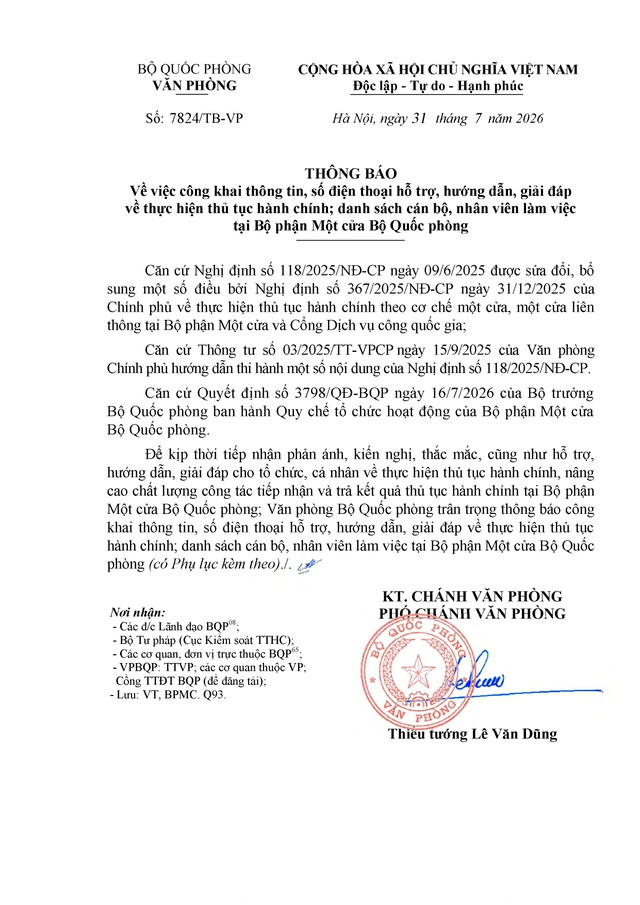 Bộ Quốc phòng: Công khai số điện thoại, cán bộ hỗ trợ, hướng dẫn thực hiện thủ tục hành chính tại Bộ phận Một cửa- Ảnh 1.