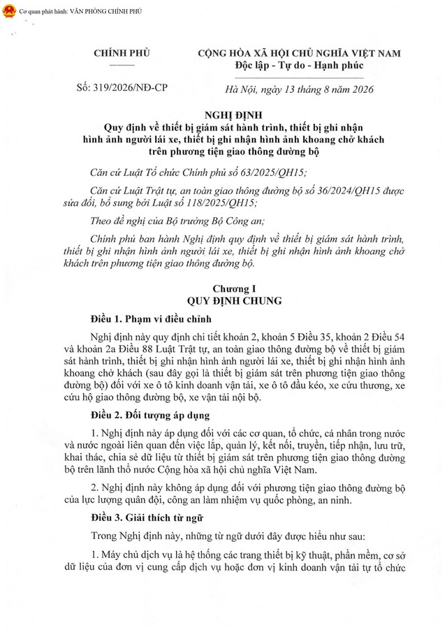 TOÀN VĂN: Nghị định 319/2026/NĐ-CP quy định về thiết bị giám sát hành trình, thiết bị ghi nhận hình ảnh người lái xe, khoang chở khách trên phương tiện giao thông đường bộ- Ảnh 1.