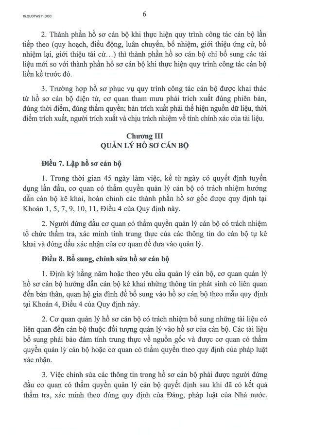 Quy định số 211-QĐ/TW về quản lý hồ sơ cán bộ- Ảnh 7.