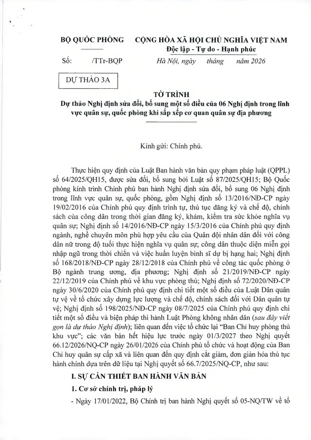 Dự thảo sửa 6 Nghị định lĩnh vực quốc phòng, quân sự khi sắp xếp cơ quan quân sự địa phương- Ảnh 1.