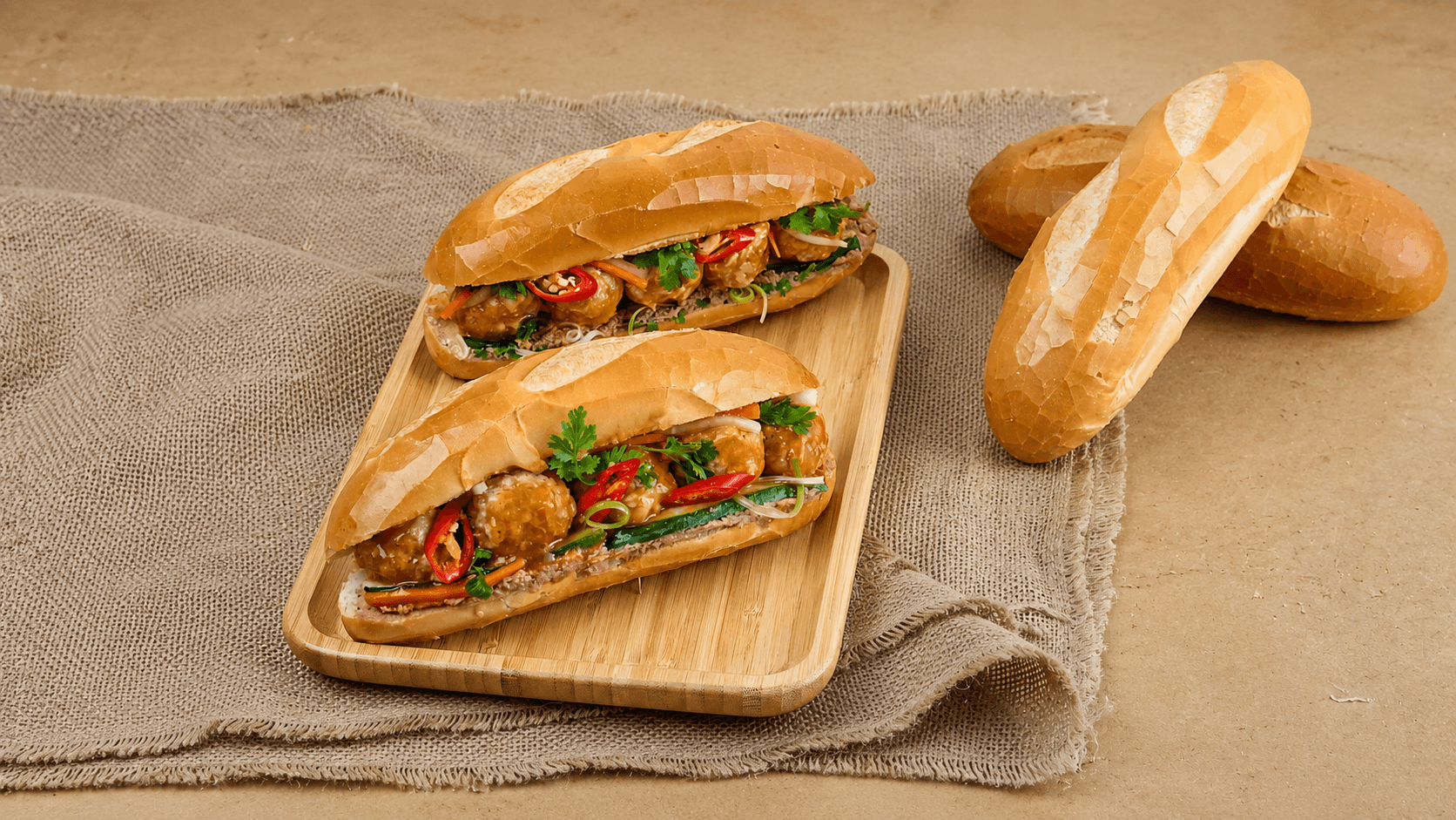 Bánh mì thịt nướng trên khay gỗ