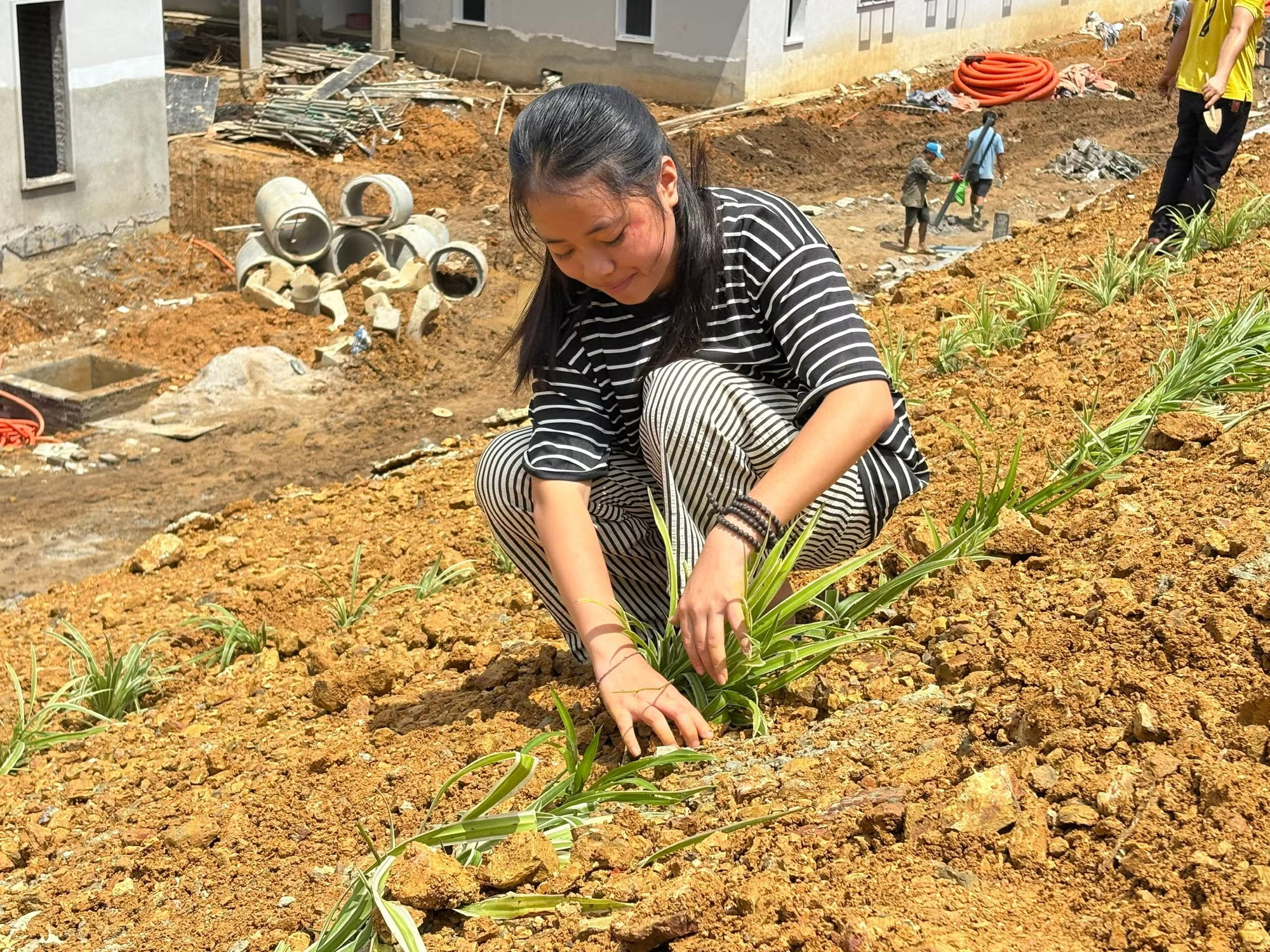 Khuôn mặt đỏ bừng và lấm tấm mồ hôi, nhưng em Hoàng Kim Dung bảo vẫn thấy rất vui và háo hức vì sắp được học ở ngôi trường mới. (Ảnh: Phạm Mai/Vietnam+) tra-linh.jpg