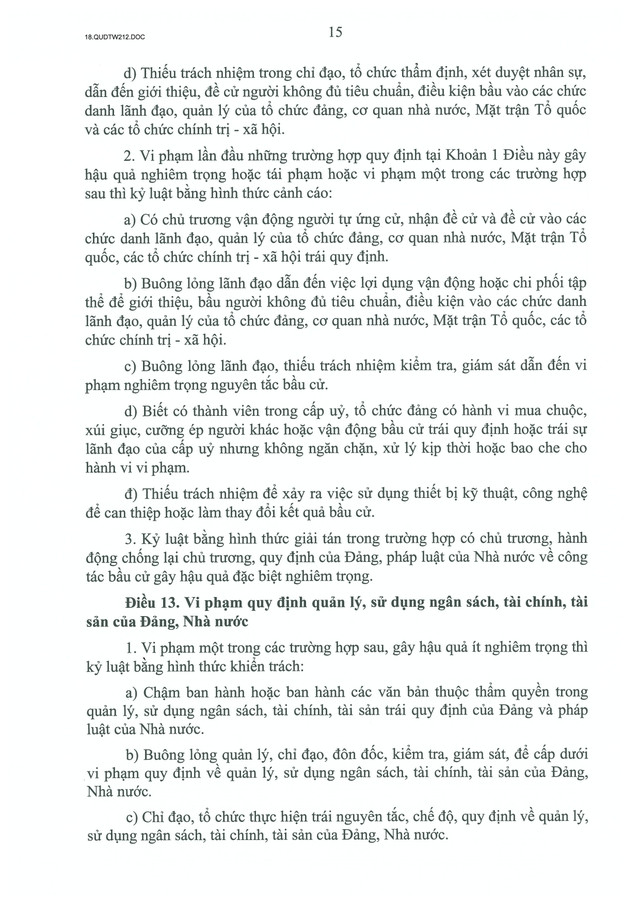 TOÀN VĂN: Quy định số 212-QĐ/TW của Bộ Chính trị quy định về kỷ luật tổ chức đảng, đảng viên vi phạm- Ảnh 15.