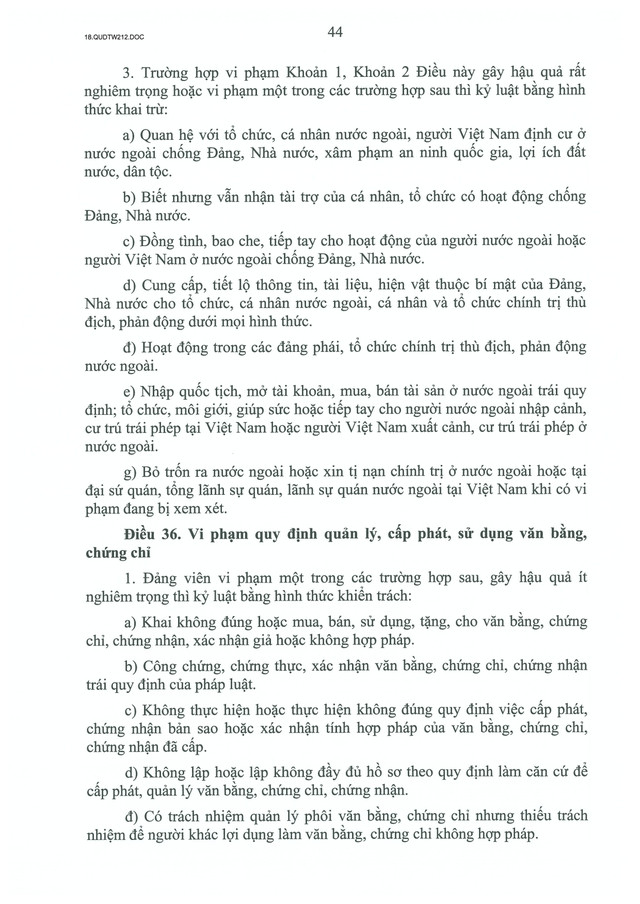 TOÀN VĂN: Quy định số 212-QĐ/TW của Bộ Chính trị quy định về kỷ luật tổ chức đảng, đảng viên vi phạm- Ảnh 44.