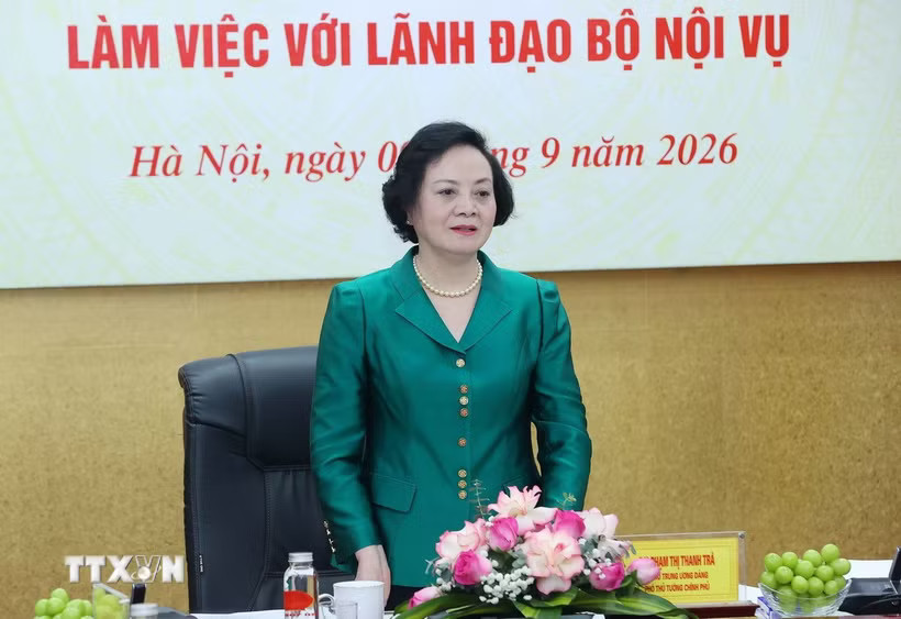 Phó Thủ tướng Phạm Thị Thanh Trà phát biểu chỉ đạo tại buổi làm việc với lãnh đạo Bộ Nội vụ. (Ảnh: Văn Điệp/TTXVN)