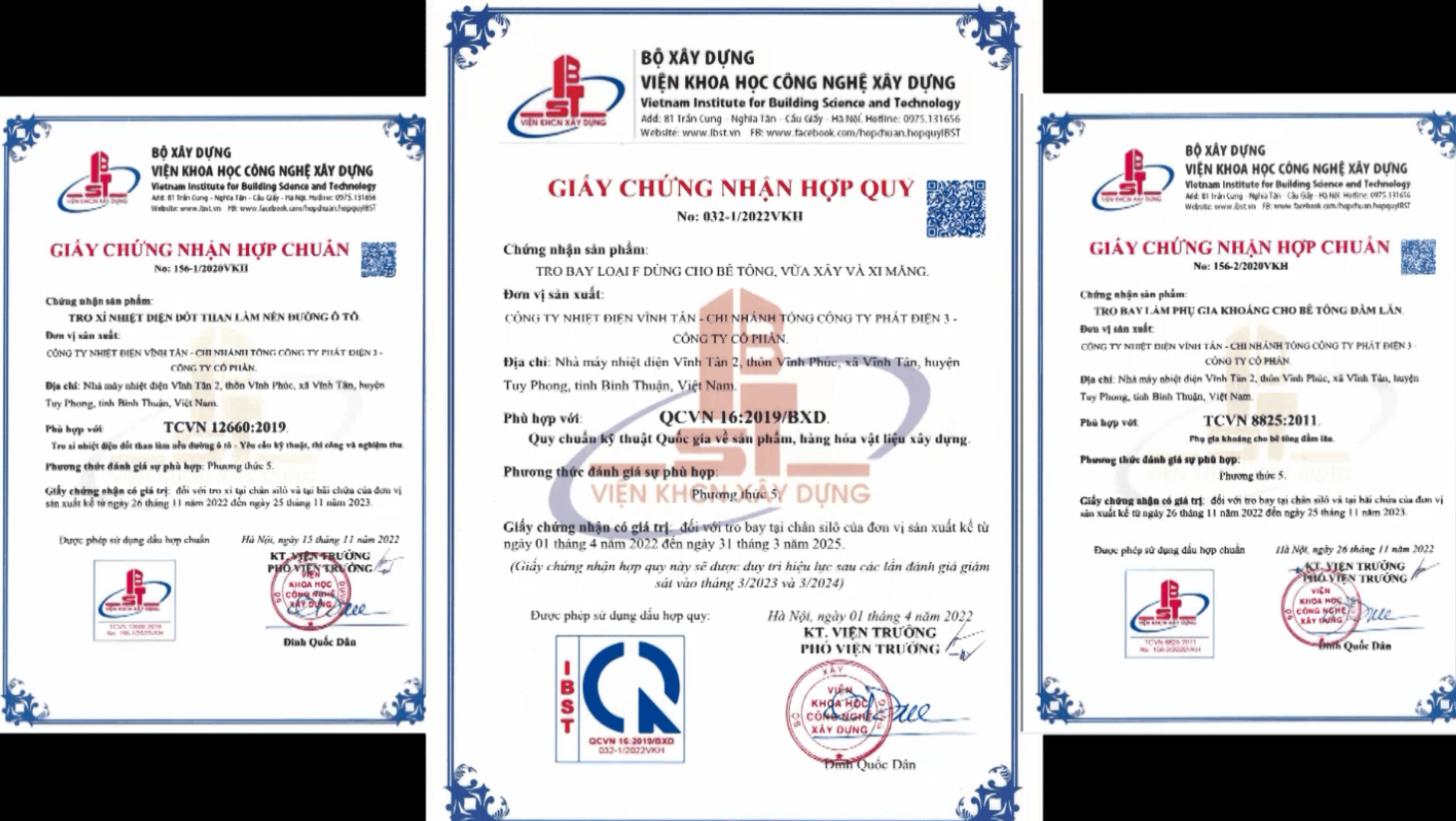 Chứng nhận hợp chuẩn của tro, xỉ Nhà máy Nhiệt điện Vĩnh Tân, Tổng Công ty Phát điện 3