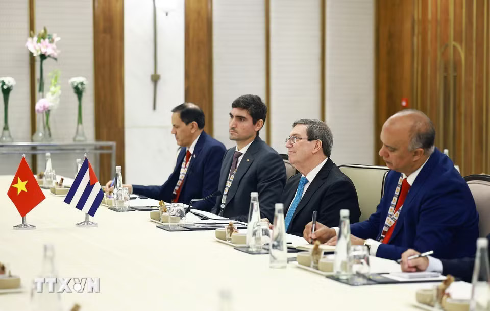 Bộ trưởng Ngoại giao Cuba Bruno Rodríguez Parrilla và các đại biểu tại buổi tiếp. (Ảnh: Dương Giang/TTXVN)