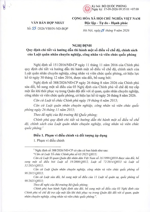 Nghị định quy định chế độ, chính sách đối với quân nhân chuyên nghiệp, công nhân, viên chức quốc phòng- Ảnh 1.