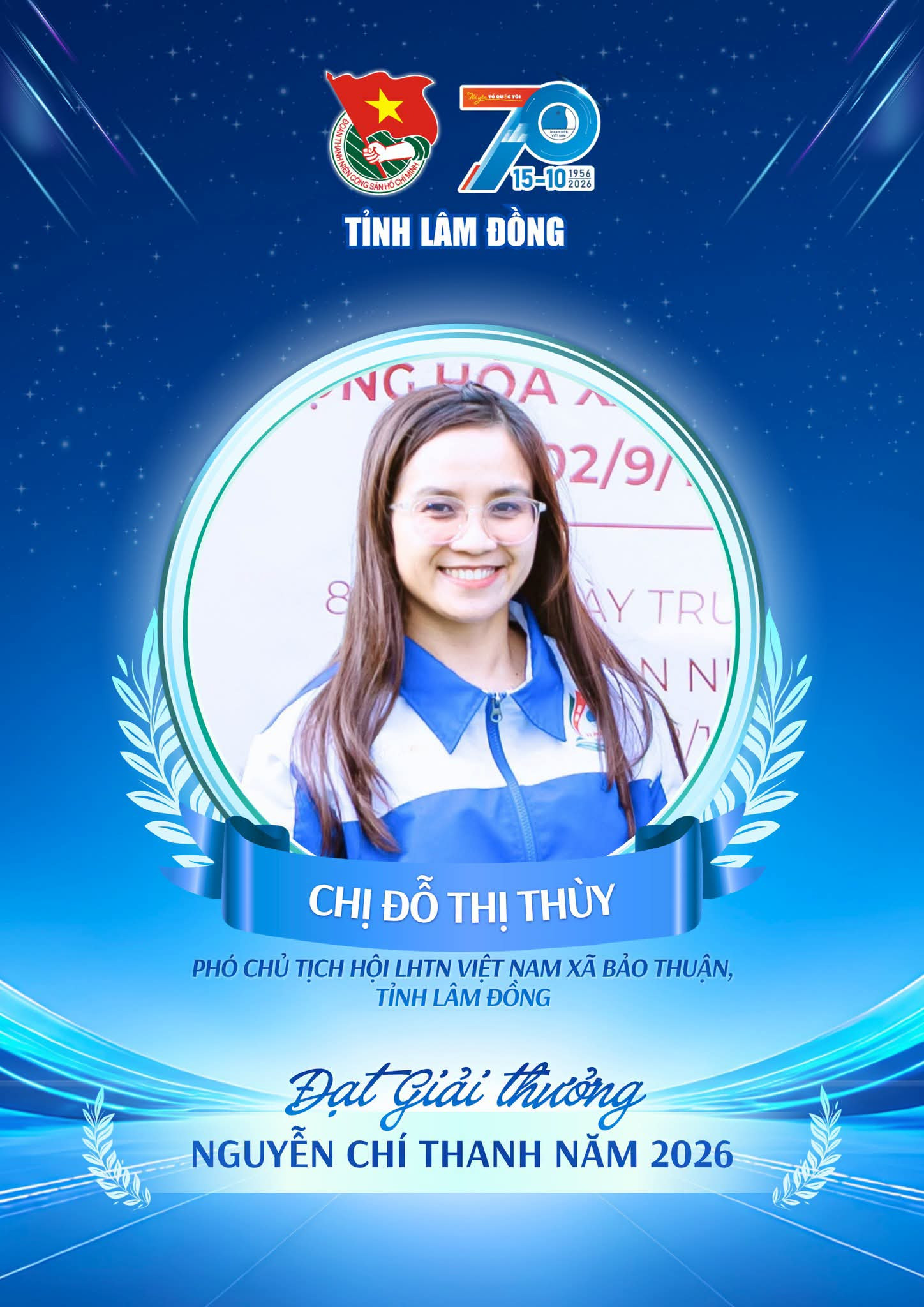 Chị Đỗ Thị Thùy, Phó Chủ tịch Hội Liên hiệp Thanh niên Việt Nam xã Bảo Thuận, được trao Giải thưởng Nguyễn Chí Thanh năm 2026.