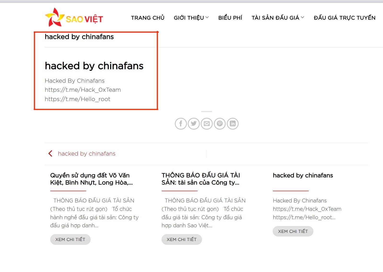 Giao diện website Công ty Đấu giá Hợp danh Sao Việt bị nhóm Chinafans tấn công thay đổi nội dung