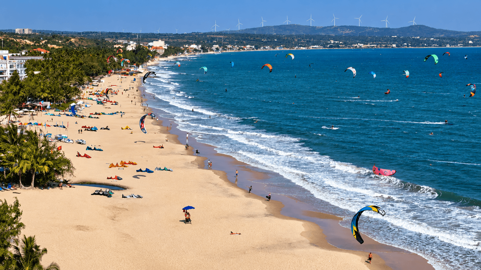 A Vibrant Beach Alive with Kitesurfing