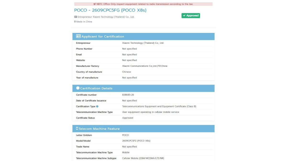 Chứng nhận NBTC của POCO X8s
