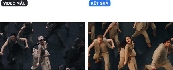 Bên trái là video mẫu, bên phải là bản đã thay nhân vật chính. Cú máy và đội hình giữ nguyên, tông màu trang phục bị đổi.