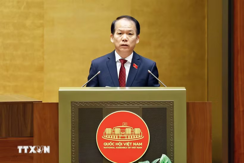 Bộ trưởng Bộ Tư pháp Hoàng Thanh Tùng, thừa ủy quyền của Thủ tướng Chính phủ trình bày Tờ trình về dự án Luật Đất đai (sửa đổi). (Ảnh: Doãn Tấn/TTXVN)