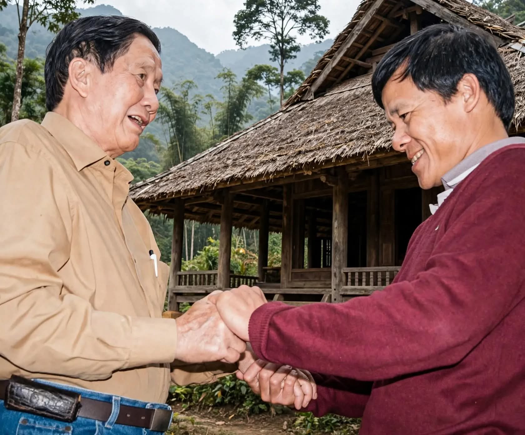 Nhạc sĩ Phạm Tuyên trò trò chuyện với tác giả trong một lần gặp gỡ ở Tây Nguyên