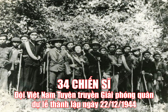 34 chiến sĩ Đội Việt Nam Tuyên truyền Giải phóng quân dự lễ thành lập ngày 22/12/1944