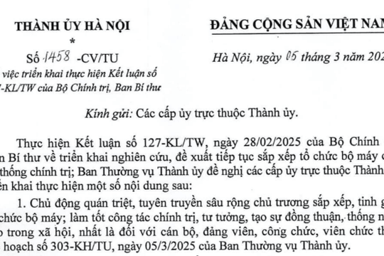 Công văn 1458 triển khai Kết luận 127 về sắp xếp tổ chức bộ máy của Thành ủy Hà Nội