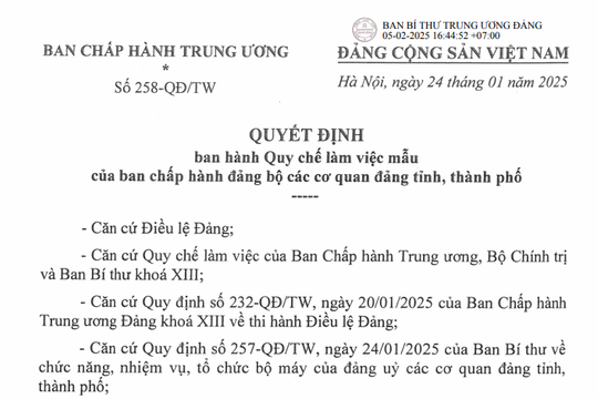 Đã có Quyết định 258 về Quy chế làm việc mẫu của BCH đảng bộ cơ quan đảng tỉnh, thành phố