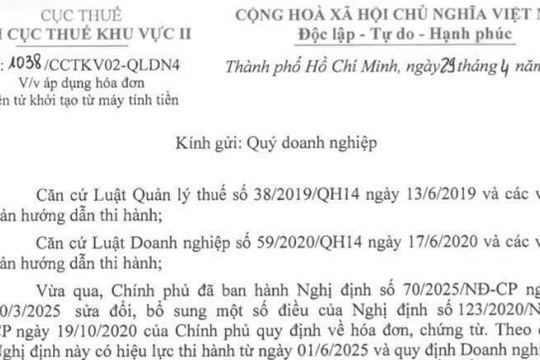 Công văn 1038 về áp dụng hóa đơn điện tử khởi tạo từ máy tính tiền của Chi cục Thuế khu vực II