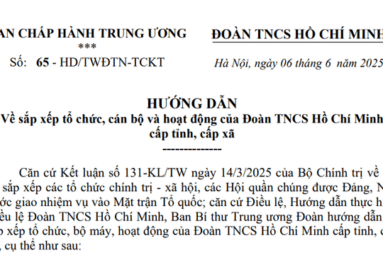 Đã có Hướng dẫn 65-HD/TWĐTN-TCKT về sắp xếp tổ chức, cán bộ và hoạt động Đoàn cấp tỉnh, cấp xã