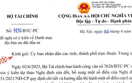 Công văn 7816/BTC-PC: Chỉ đạo hỏa tốc về danh mục địa bàn ưu đãi đầu tư của Bộ Nội vụ