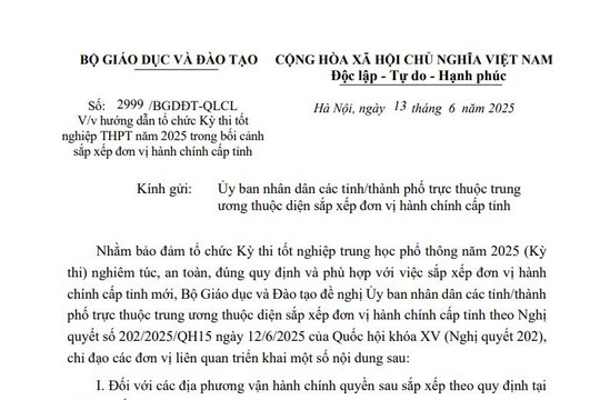 Công văn 2999/BGDĐT-QLCL: Hướng dẫn tổ chức Kỳ thi tốt nghiệp THPT năm 2025 khi sáp nhập tỉnh thành