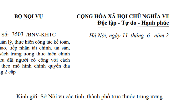 Công văn 3503: Hướng dẫn công tác kế toán đối với chính sách người có công theo chính quyền 2 cấp