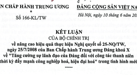 Đã có Kết luận 166-KL/TW tăng cường sự lãnh đạo của Đảng đối với công tác thanh niên trong tình hình mới