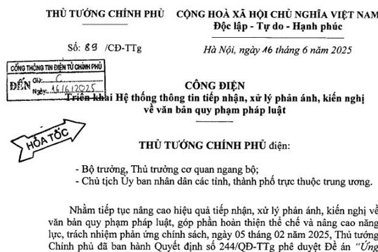 Công điện 89: Triển khai Hệ thống thông tin tiếp nhận và xử lý phản ánh kiến nghị về văn bản quy phạm pháp luật