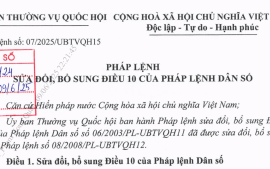 Đã có Pháp lệnh 07/2025/UBTVQH15 sửa đổi bổ sung Điều 10 Pháp lệnh Dân số