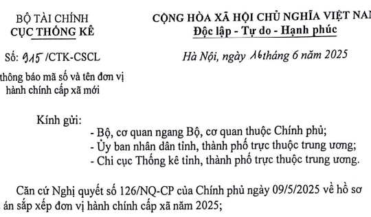 Công văn 915: Thông báo về mã số và tên đơn vị hành chính cấp xã mới