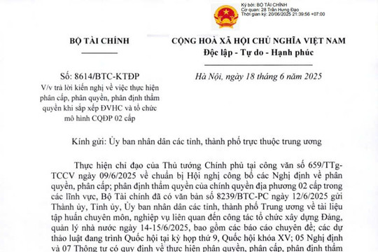 Công văn 8614: Bộ Tài chính trả lời kiến nghị về phân cấp phân quyền khi tổ chức chính quyền địa phương 02 cấp